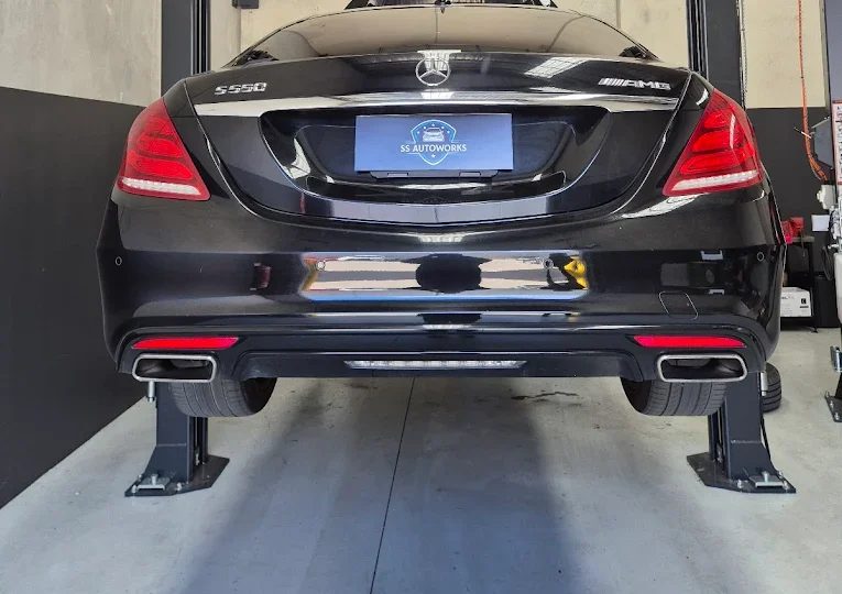 Mercedes-Benz S550 car on a lift in SS Autoworks garage